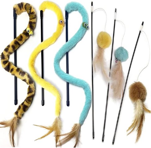 Cat Toy,Cat Feather Toys,Cat Teaser Wand and Rainbow Wand, Interactive Cat Toys for Indoor Cats Adult Kitten, 6 Pack (Yellow)